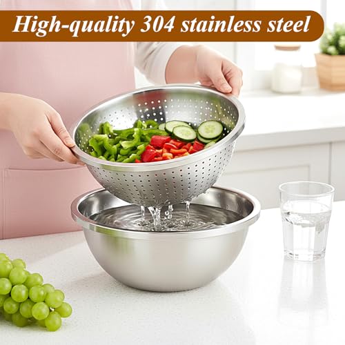 304 Stainless Steel Colander and Strainer, 5QT Large Capacity with Mixing Bowl, Micropore for Washing Rice, Vegetables, Fruit, Grain, Bean, and Draining Cooked Pasta, Dishwasher Safe - size: L