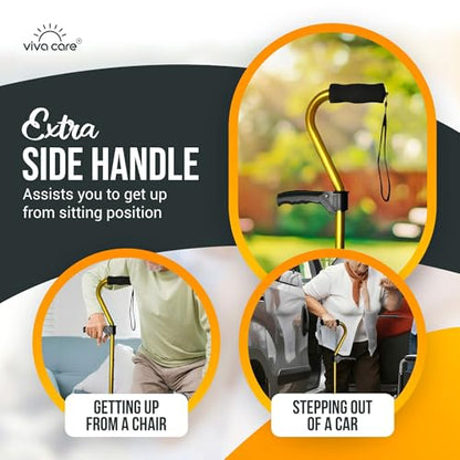 Walking Cane with 4 Prongs and Extra Side Handle – Adjustable, for Balance & Stability for Adults, Seniors, and Injured. - color: Gold