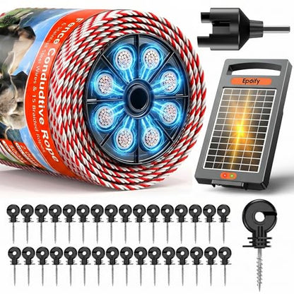 24 Hour Solar Electric Fence Charger, 10 Miles, Up to 10200v Output +Epoify Electric Fence Wire and Insulator Kit, 500m/1650FT Polywire with 50 Screw-in Insulators