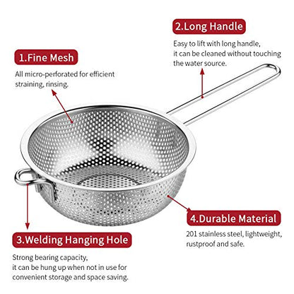 Stainless Steel Fine Mesh Colander with Long Handle, 6-Inch Metal Food Strainer with Resting Feet, Micro-Perforated Colander Metal Kitchen Strainer for Fried Food Vegetable Fruit(silver)