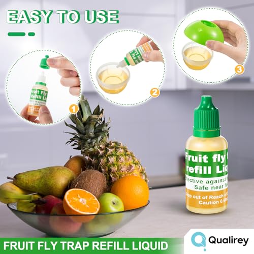Qualirey 6 Pack Fruit Fly Trap Refill Liquid, 0.68oz Per Bottle (Green) | Liquid Fruit Fly Traps for Indoors, Non Toxic Bait Safe Near Pets, Food and Kids, Lure Refill for Home Kitchen - color: Green