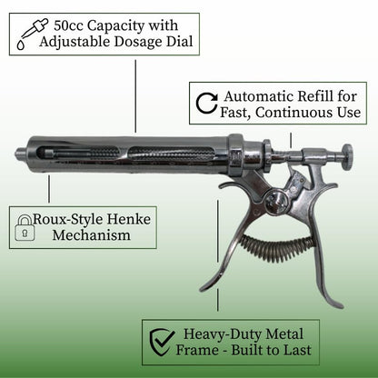 IVS 50cc Automatic Metallic Roux Type Veterinary Syringe - Adjustable | Continuous Injector for Livestock, Henke-Style Design with Precision Dosage Wheel