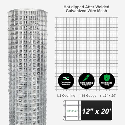 Hardware Cloth 12'' x 20' 1/2 in Galvanized Wire Mesh Roll (19 GA) Chicken Wire Fence Roll for Chicken Pen/coop Fences, Screen mesh, Rabbit/Snake Fences, Poultry enclosures, Handicraft Making, etc. - size: 12In x 20Ft