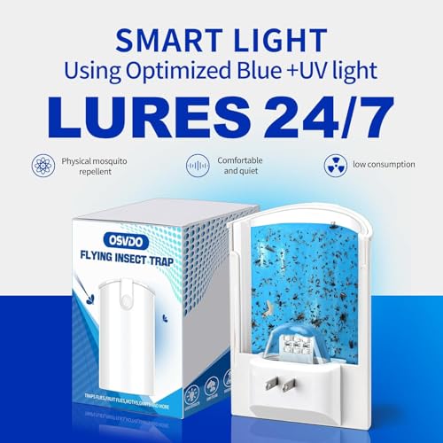 OSVDO Blue UV Light Flying Insect Trap, Plug-in Bug Catcher with 4 Refills | Indoor Fly Trap for 100+ Days, Fly Catcher for Flies, Fruit Flies, Gnats, Moths, Silent for Home, Kitchen - size: 1 Device & 4 Refills