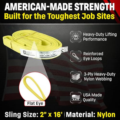 2" x 16' Nylon Lifting Web Sling – USA Made, 8,200 lb Vertical, 6,600 lb Choker, 16,400 lb Basket – 3 Ply Heavy Duty 900 Webbing, Type 3 Flat Eye & Eye Rigging Sling (2" x16') - size: 2"x16'