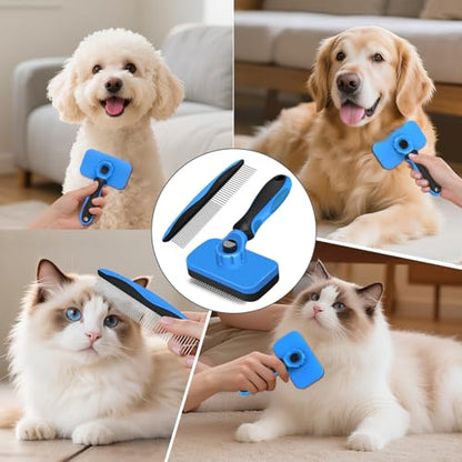 2PCS Self Cleaning Slicker Brush & Dog Comb - Skin Friendly Deshedding Grooming Tool for Dogs, Cats and Small Animals, Professional Deshedding Dematting Tool for Long and Short Haired Pets (Blue) - color: Blue