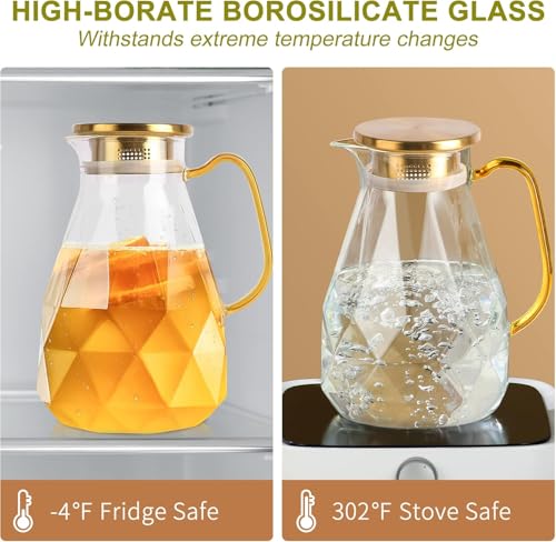 Glass Pitcher, 2.2 Liter Water Pitcher With Lid | Iced Tea Pitcher for Fridge,Carafe With Lid, Glass Water Jug For Juice, Milk, Cold Or Hot Beverages, 2.2 Liter-New - size: 74.7 Ounces