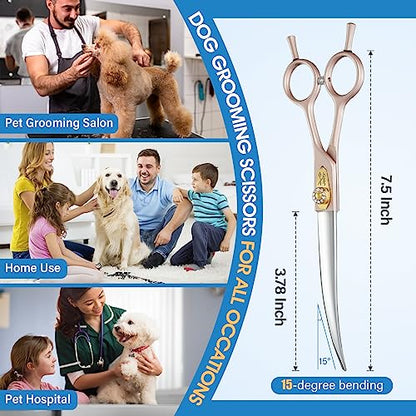 JASON Curved Dog Grooming Scissors - 7.5" Professional Pet Shears Ergonomic - color: Rosegold, size: 7.5