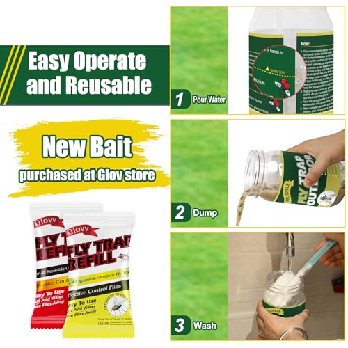 3 Reusable Fly Traps Outdoor Bottles, Fly Killer Catcher Jar with 6 Bait | Flies Bug Insect Trap Control Outdoor Hanging for Outside Barns, Stable, Farm, Patio, with Natural Bait Refills Lure - size: 3 pack2