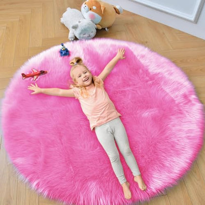 duduta Hot Pink Faux Fur Sheepskin Round Rug 4x4 ft, Fluffy Shag Circle Rug - color: Hot Pink, size: 4' x 4'