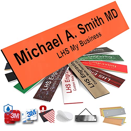 Custom Engraved Office Door Name Plate & Desk Signs, Orange, 2x4 | 10+ Mounting Options, Door, Desk, Cubicle Holder, All Weather 3M Adhesive, 3 Text Lines, Personalized Nameplate Made in USA - color: B11 - Orange & Black Lettering, size: 2in x 4in (5.1cm