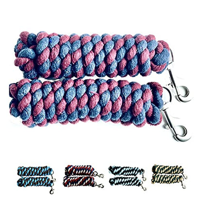 Majestic Ally Pack of 2 Solid Cotton Lead Rope for Horses & Livestock – 10 Foot Long and 5/8 inch Thick - Replaceable Heavy-Duty Satin Bolt Snap – Handmade – Soft, Broken in Feel (Navy -Burgandy) - color: Navy -Burgandy