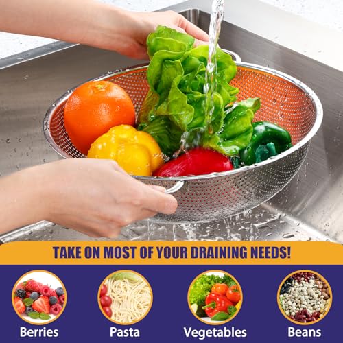 E-far 3QT & 5QT Colander Set of 2, Stainless Steel Micro-Perforated Colander Strainer with Handle for Kitchen/Draining Pasta/Rinsing Vegetables Fruits, Heavy Duty Metal & Dishwasher Safe - size: 3 + 5 QT