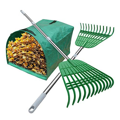 Gardzen 12 Tines Gardening Leaf Rake | Lightweight Steel Handle, Detachable, Ideal Camp Rake, Comes with Dustpan-Type Garden Bag - style: 2 Packs