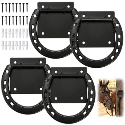Cididu 4 Pack Cross Tie Ring for Horse, Heavy Duty Horseshoe Tie Ring with Screws, Solid Steel Tie Down Hooks, Hitching Ring Horse Barn Supplies for Stall Stable Racetrack Horse Training Equipment