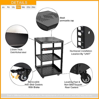 RIVECO 15U Network Rack with Reinforced Top Cover - 4 Post Floor Rack on Wheels for 19" Equipment & Stereo Gear- Including Rack Mount Power Strip & 1PCS 1U Rack Shelf - size: 15U
