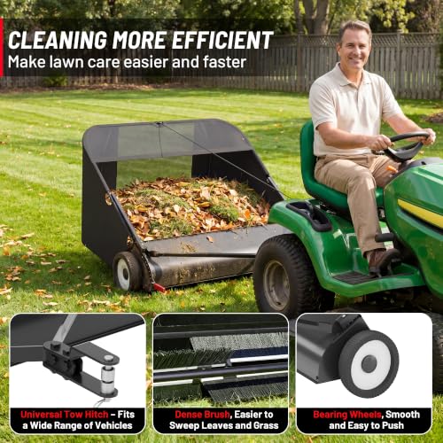 Suchtale 42 Inch Tow Behind Lawn Sweeper with 20 Cu Ft Hopper | 42 Inch Sweeping Path, 20 Cu Ft Hopper, Adjustable Brush Height, Dumping Rope, Steel Frame, Lawn Mower Attachment, Cleanup - size: 42''