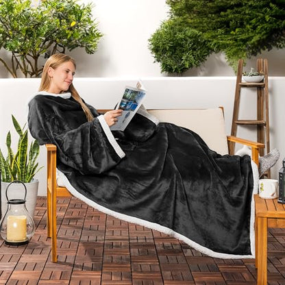 PAVILIA Sherpa Wearable Blanket with Sleeves and Pocket, Plush Thick Cozy Body Blanket Wrap for Adult Women Men, Christmas Gift for Wife Mom, Black - color: Black