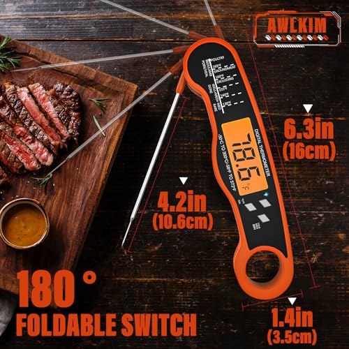 AWLKIM Meat Thermometer Digital, Instant Read Food Thermometer, Orange | Waterproof cooking thermometer with doneness chart, backlight, F/C switch for BBQ, candy, oil - color: Orange