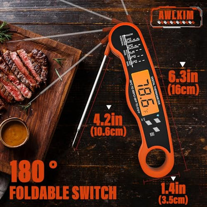 AWLKIM Meat Thermometer Digital, Instant Read Food Thermometer, Orange | Waterproof cooking thermometer with doneness chart, backlight, F/C switch for BBQ, candy, oil - color: Orange