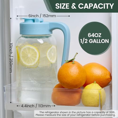 Mason Jar Pitcher, 64 oz (2 quart), Glass Pitcher with Lid | Airtight, Leak proof, Ergonomic Handle, Pour Spout Lid, Fridge Safe, for Sun Tea, Iced Tea, Cold Brew, Lemonade, Outside - color: Sky