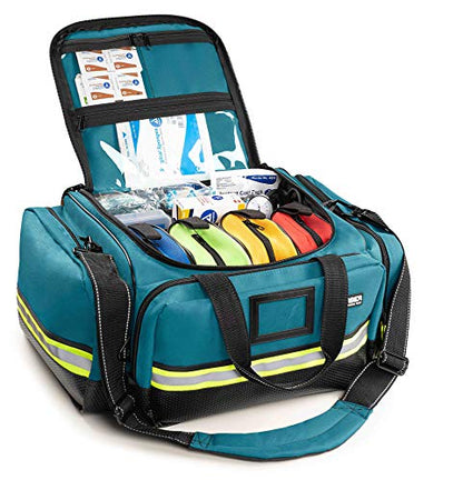Scherber Fully-Stocked First Responder Professional Advanced EMT/EMS Trauma Kit | HSA/FSA Approved | Reflective Bag w/10+ Compartments, Zippered Pockets & 250+ First Aid Supplies (Blue) - color: Blue