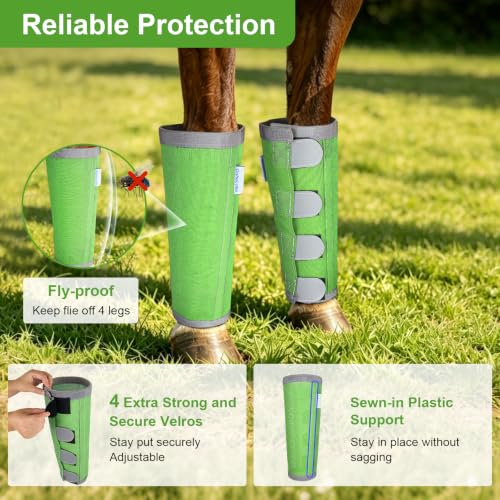 Reflective Horse Fly Boots Set of 4, Breathable Adjustable Equine Fly Leg Wraps for Horses, Universal Fit Loose Fitting Leggings with Stay Put Design (Green) - color: Green