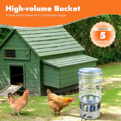 Poultry Chicken Water Heater, 80W Heated Chicken Waterer 5 Gallon with 32 °F-122°F Temperature Adjustable, 9 Drinking Windows & LED Display Screen, Poultry Water Deicer for Winter