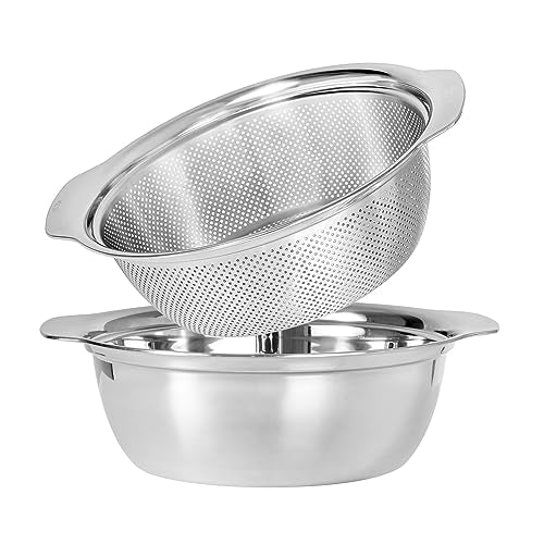 Paoli 304 Stainless Steel Fine Mesh Colander Set, 2QT Large Capacity Strainer with Mixing Bowl — Rinse Fruits, Veggies, Rice & Drain Pasta, Dishwasher Safe (2-Piece) - color: Primary color with handle, size: 2qt
