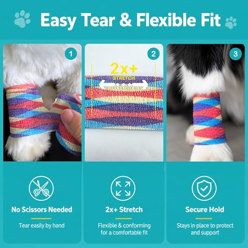 Dog Bandage Wrap, 6 Rolls 2" x 5 yd Stripe Print Pet Tape - color: RA-6ROLL-2IN