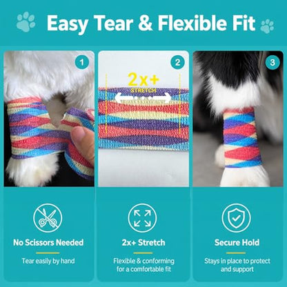 Dog Bandage Wrap, 6 Rolls 2" x 5 yd Stripe Print Pet Tape - color: RA-6ROLL-2IN