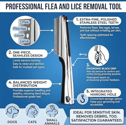 Resco Professional Flea and Face Comb, Anti-Static for Grooming Pets Very Fine Pin Spacing, Chrome - color: Flea Comb