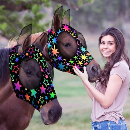 Weewooday 2 Pieces Horse Fly Masks for Horses Soft Fly Masks for Ears Smooth and Elasticity Mask with UV Protection(Star,M) - size: M