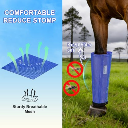 Fly Boots for Horses Set of 4, Loose Fitting Mesh Horse Fly Boots Leggings, Reduce-Stomping Adjustable Equine Leg Wraps & Socks, Stay Up Not Sag, No Rub (Blue) - color: Blue