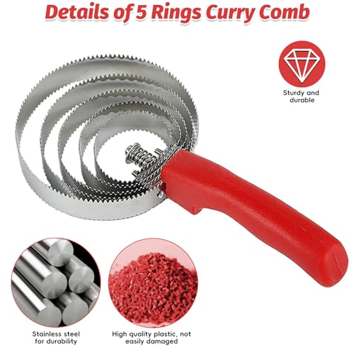 kathson 5 Rings Curry Comb Horse Brush Scraper Reversible Stainless Steel Livestock Shedding Comb with Soft Touch Grip for Dog Horse Grooming Supplies (Red) - size: 5.1x9.8 Inch (Pack of 1)