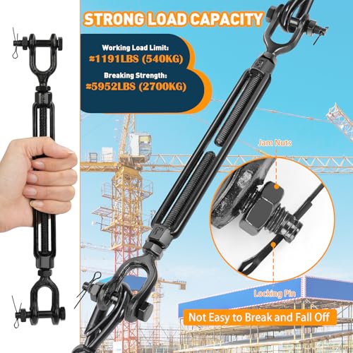 3/8" Cable Turnbuckle, Black Jaw and Jaw Turnbuckles - 1200 lbs WLL - size: 2 Pcs 3/8” x 11.5”