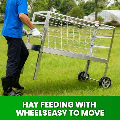 2 in 1 Hay and Grain Feeder for Goats Sheep with Wheels, Separated Hay Grid and Grain Trough, Galvanized Steel, Less Waste Outdoor Feeding Cart