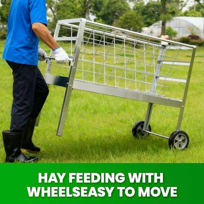 2 in 1 Hay and Grain Feeder on Wheels for Goats Sheep Lambs, Separated Feeding System to Minimize Hay Waste, Galvanized Steel Mobile Cart, Rust Resistant