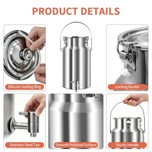 304 Stainless Steel Water Dispenser with Faucet, Thickened Milk Can with Handle, Sealing Ring and Instruction Manual, 10L Stainless Steel Water Jug for Milk, Water, Tea, Juice and Beverage Storage - size: 10L