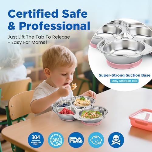 Stainles Steel Baby Suction Plate, Car Divided Toddler Plate Pink - color: Pink