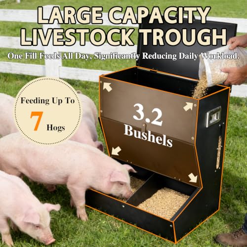 New Upgrade Hog Feeder, Heavy Duty Galvanized Steel Pig Feeder, Multipurpose Livestock Trough - 3.2 Bushels Capacity, Outdoor Pig Feeders with Visible Feed for Feeding up to 7 Hogs (2 Door)