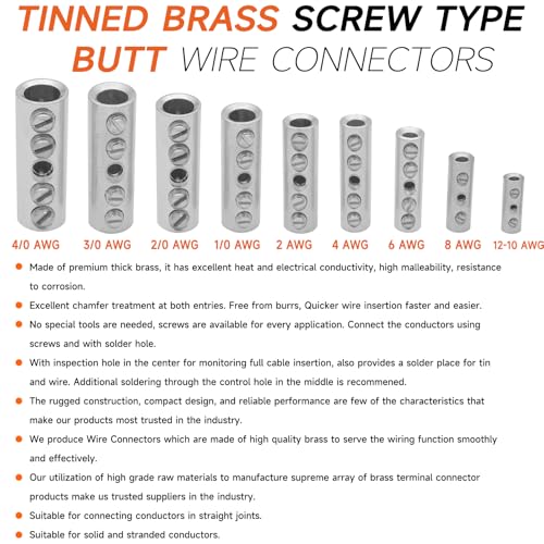 4 Gauge Wire Butt Connectors 6 PCS Tinned Brass Mechanical Butt Splice Connectors Kit 4 AWG Mechanical Repair Splice Kit Splice Screw Sleeves 6 PCS Mechanical Splices with 6 PCS 3:1 Heat Shrink Tubes - size: 4 Gauge, style: Mechanical Splice - Tinned Bras