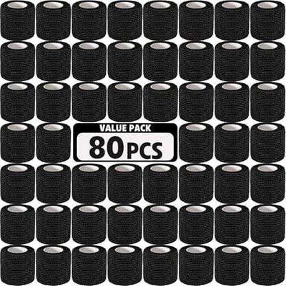 AZEN 80 Pack Self Adhesive Bandage Wrap Black, 2" X 5 Yards Black Athletic Tape, Vet Wrap, Tattoo Grip Tape Wrap，Ankle Tape, Cohesive Bandage Wrap - color: Black, size: 2IN - 80Pack