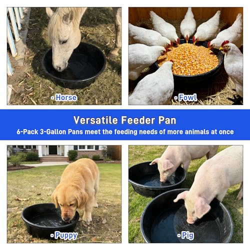 6Pcs Rubber Feeder Pan 3 Gallon/12 Quart Heavy Duty Rubber Horse Feed Bucket, Deep Rubber Feeding Water Bowl Chicken Dust Bath Tub Container for Livestock Goat Pig Dog Duck Fram Small Animals