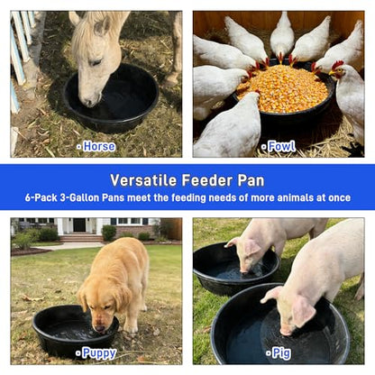 6Pcs Rubber Feeder Pan 3 Gallon/12 Quart Heavy Duty Rubber Horse Feed Bucket, Deep Rubber Feeding Water Bowl Chicken Dust Bath Tub Container for Livestock Goat Pig Dog Duck Fram Small Animals