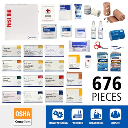 First Aid Only 90575 3-Shelf ANSI B+ and OSHA-Compliant First Aid Kit, 100-150-Person Emergency First Aid Kit for Business and Worksite, First Aid Metal Cabinet with Medications, 676 Pieces