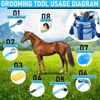 Cunhill 9 Pcs Horse Grooming Kit Tack Room Supplies, Classic, Light Blue - color: Light Blue, style: Classic