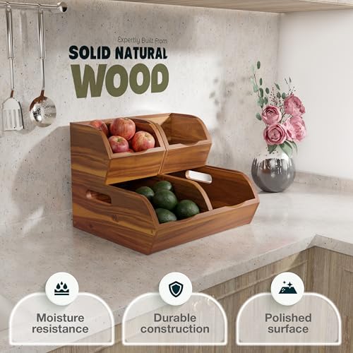 Acacia Pantry Storage Bins, Stackable Potato and Onion Organizer | Easy Assembly With Included Hardware – Stack 3 Modular Bins Or Use Separately For Flexible Storage And Open-Front Access