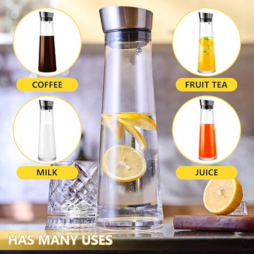 GLASKEY Glass Water Carafe with Lid,1200ml Borosilicate Glass Juice Pitcher with Stainless Steel Gravity Lid,Clear Water Pitcher for Ice Tea, Lemonade, Coffee,Juice Beverage,40 oz - size: 40 Ounces