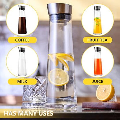 GLASKEY Glass Water Carafe with Lid,1200ml Borosilicate Glass Juice Pitcher with Stainless Steel Gravity Lid,Clear Water Pitcher for Ice Tea, Lemonade, Coffee,Juice Beverage,40 oz - size: 40 Ounces